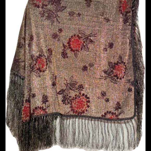 Vintage Gold Shimmery Scarf Red & Brown Floral Print Shimmery Gold Black Fringe - Picture 7 of 11